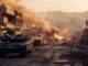 Tanque militar en ciudad destruida tras ataque en Irán con explosiones y fuego en zona urbana