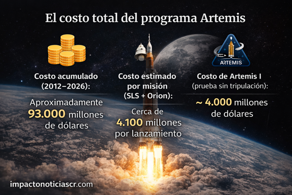 Infografía del programa Artemis de la NASA que muestra el costo total, el precio por misión y el gasto de Artemis I para volver a la Luna