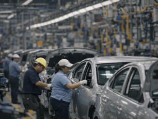 Industria automotriz en México con trabajadores en línea de ensamblaje de vehículos