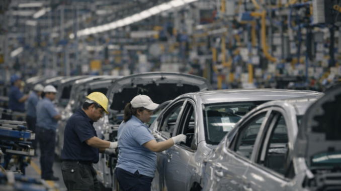 Industria automotriz en México con trabajadores en línea de ensamblaje de vehículos