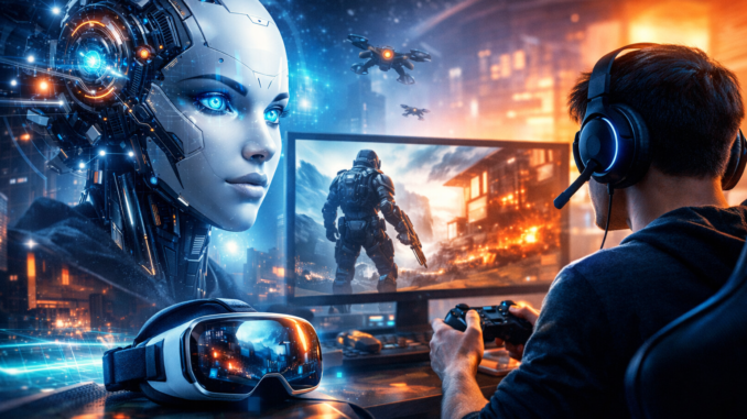 inteligencia artificial en el gaming con jugador y entorno virtual futurista