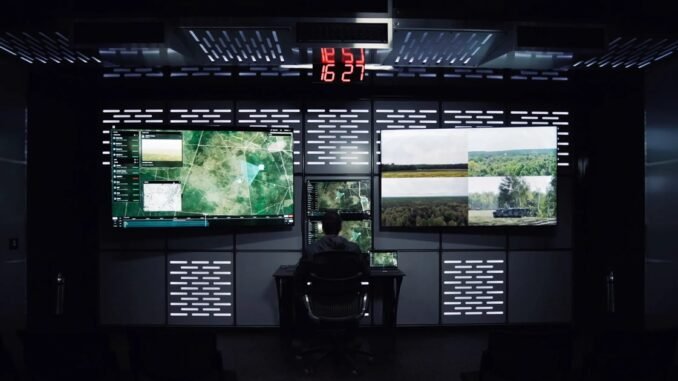 inteligencia artificial en geopolítica analizando datos en tiempo real desde un centro de control estratégico