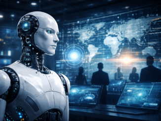 Inteligencia artificial analizando datos globales en entorno tecnológico con mapa mundial digital