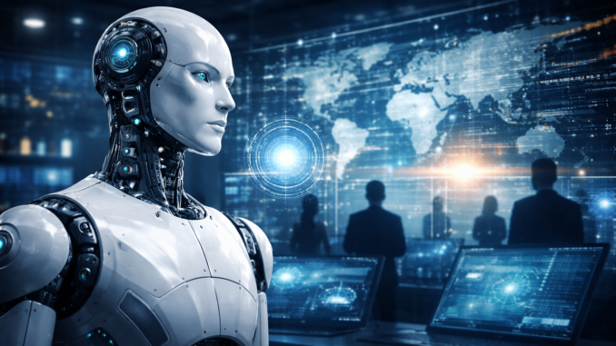 Inteligencia artificial analizando datos globales en entorno tecnológico con mapa mundial digital