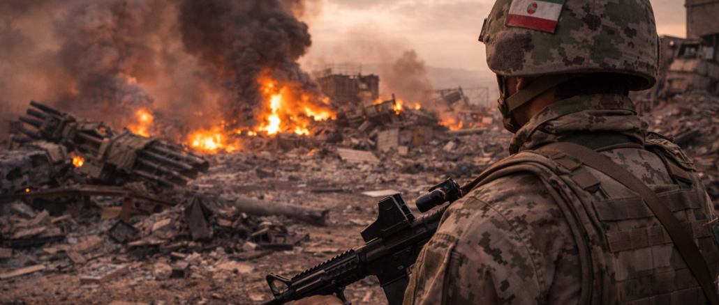 soldado iraní observa destrucción de base militar tras ataque que afecta la capacidad estratégica de Irán