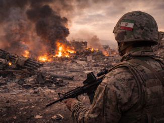 soldado iraní observa destrucción de base militar tras ataque que afecta la capacidad estratégica de Irán