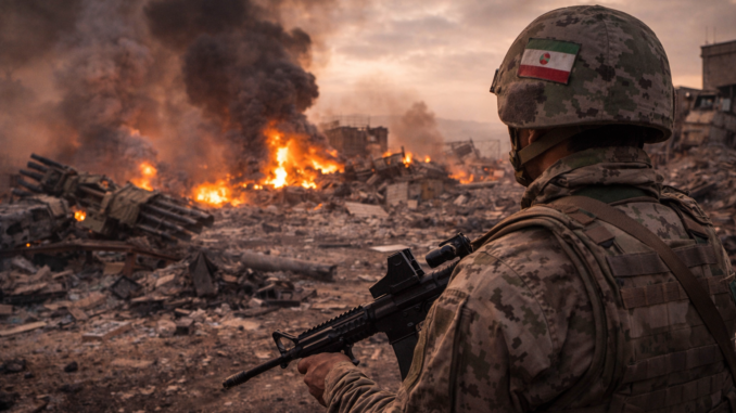 soldado iraní observa destrucción de base militar tras ataque que afecta la capacidad estratégica de Irán