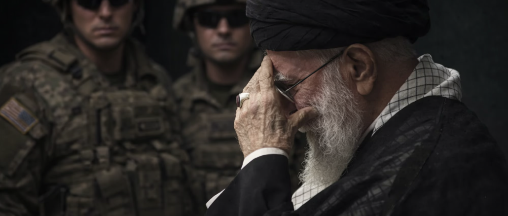 líder iraní en gesto de tensión con militares de Estados Unidos al fondo en contexto de conflicto
