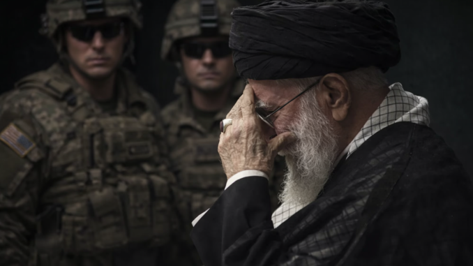 líder iraní en gesto de tensión con militares de Estados Unidos al fondo en contexto de conflicto