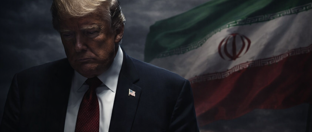 Donald Trump frente a la bandera de Irán en contexto de tensión geopolítica y declaraciones sobre acuerdo