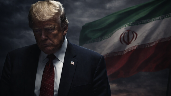 Donald Trump frente a la bandera de Irán en contexto de tensión geopolítica y declaraciones sobre acuerdo