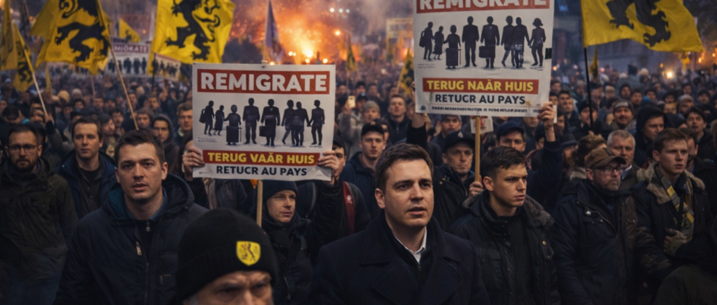 marcha contra la migración en Bélgica en Lovaina con manifestantes y pancartas en protesta nocturna