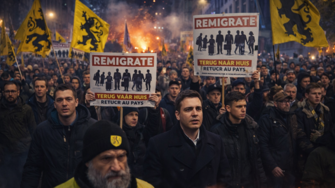 marcha contra la migración en Bélgica en Lovaina con manifestantes y pancartas en protesta nocturna