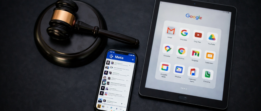 Meta y Google en juicio por adicción a redes sociales con mazo judicial y dispositivos digitales