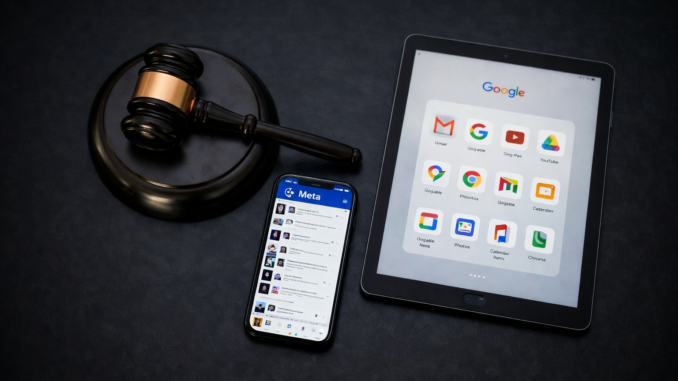 Meta y Google en juicio por adicción a redes sociales con mazo judicial y dispositivos digitales