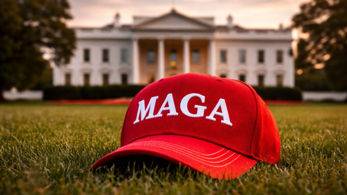 gorra roja MAGA frente a la Casa Blanca representando el movimiento político de Donald Trump en Estados Unidos