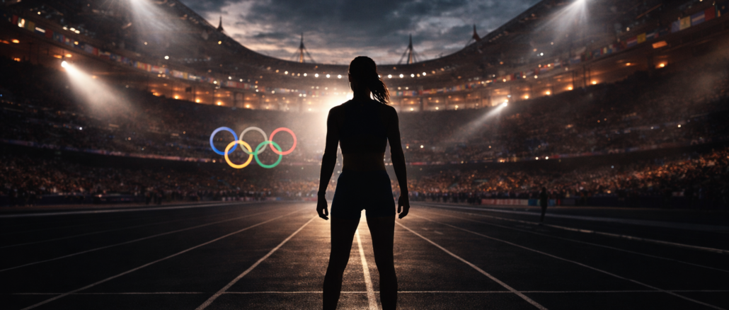 Silueta de atleta femenina en estadio olímpico representando el debate sobre mujeres trans en los Juegos Olímpicos