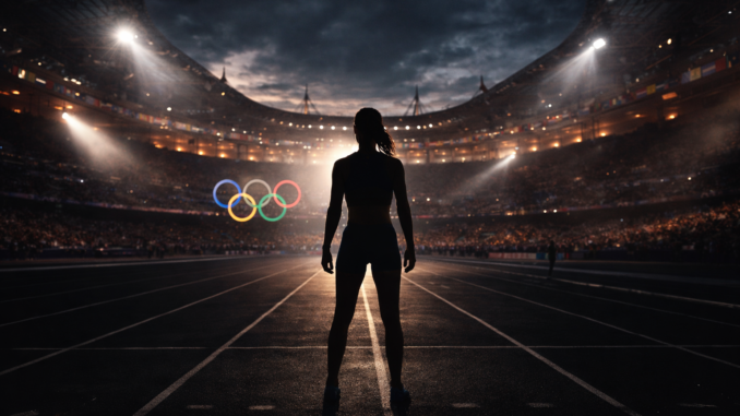 Silueta de atleta femenina en estadio olímpico representando el debate sobre mujeres trans en los Juegos Olímpicos