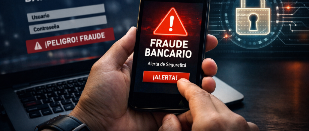 Persona revisando alerta de fraude en banca digital tras nueva ley de estafas bancarias en Costa Rica