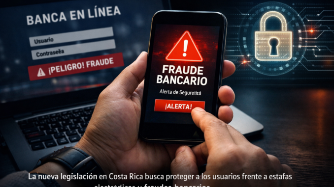Persona revisando alerta de fraude en banca digital tras nueva ley de estafas bancarias en Costa Rica
