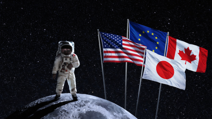 Países que participan en Artemis en misión lunar con la Tierra de fondo