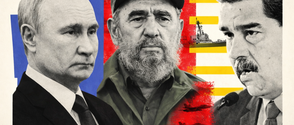 Vladimir Putin, Fidel Castro y Nicolás Maduro en composición sobre influencia geopolítica en América Latina