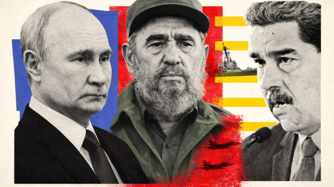 Vladimir Putin, Fidel Castro y Nicolás Maduro en composición sobre influencia geopolítica en América Latina