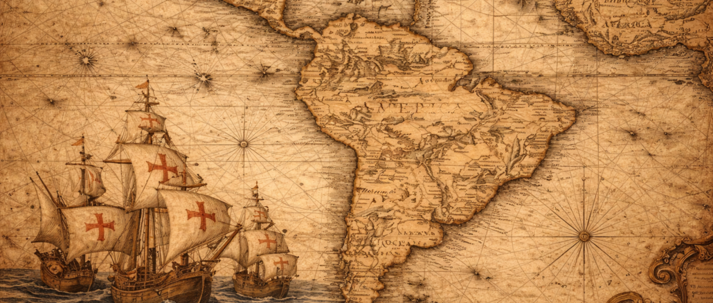 Rey Felipe VI reconoce abusos durante la conquista de América con mapa antiguo del continente y barcos de la colonización española