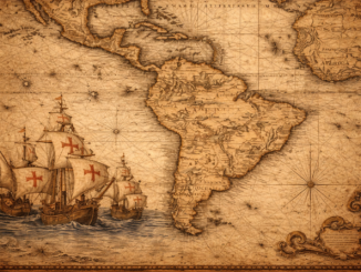 Rey Felipe VI reconoce abusos durante la conquista de América con mapa histórico del continente y barcos de la colonización española