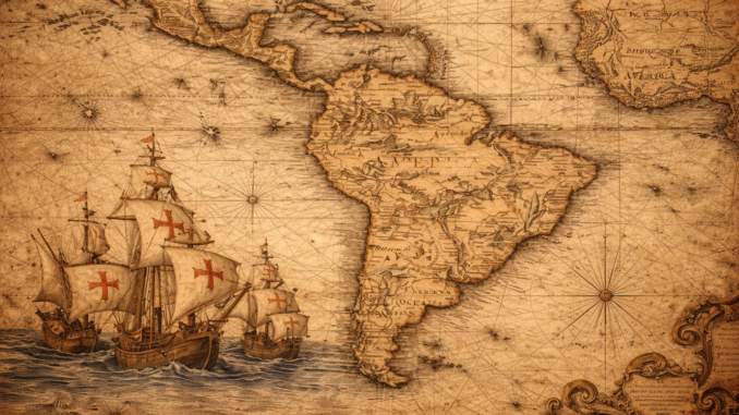 Rey Felipe VI reconoce abusos durante la conquista de América con mapa histórico del continente y barcos de la colonización española