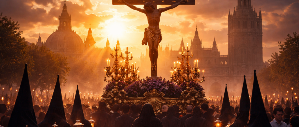 Procesión de Semana Santa con imagen de Cristo en cruz al atardecer rodeada de fieles y velas en una ciudad histórica