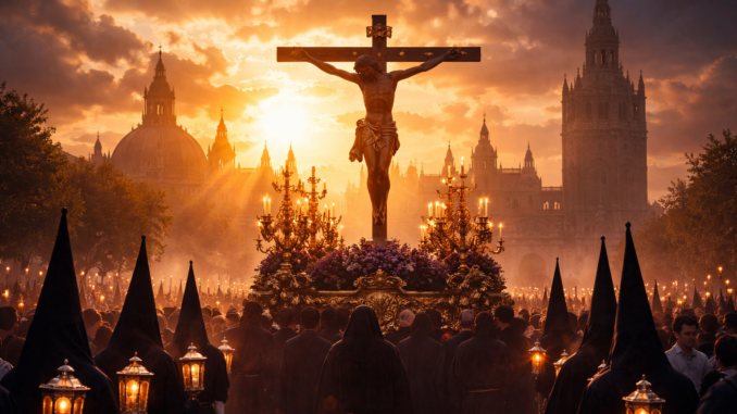 Procesión de Semana Santa con imagen de Cristo en cruz al atardecer rodeada de fieles y velas en una ciudad histórica