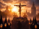 Procesión de Semana Santa con imagen de Cristo en cruz al atardecer rodeada de fieles y velas en una ciudad histórica