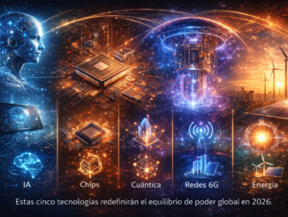 Ilustración sobre las tecnologías que cambiarán el mundo en 2026 como inteligencia artificial, chips avanzados, computación cuántica, redes 6G y energía.