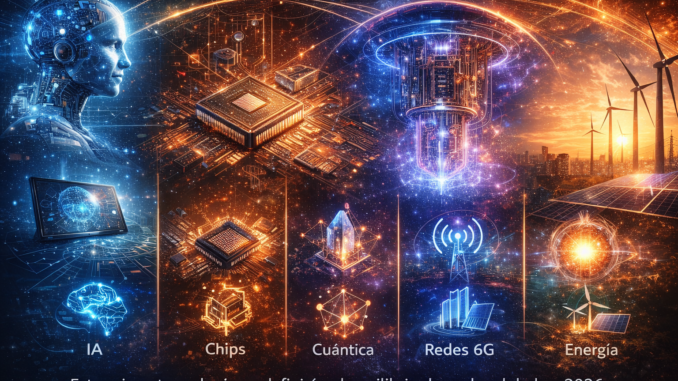Ilustración sobre las tecnologías que cambiarán el mundo en 2026 como inteligencia artificial, chips avanzados, computación cuántica, redes 6G y energía.
