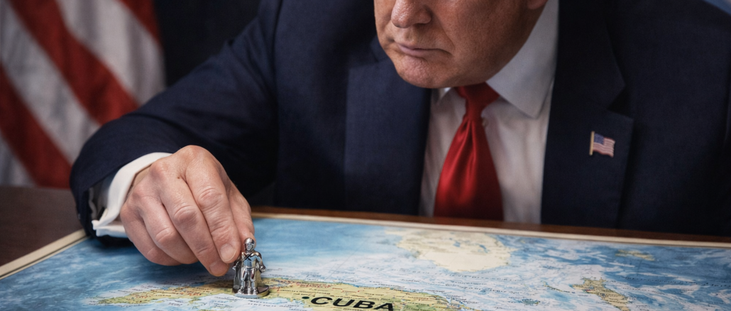 Trump analiza mapa de Cuba colocando figura tipo Monopoly en contexto de política hacia la isla