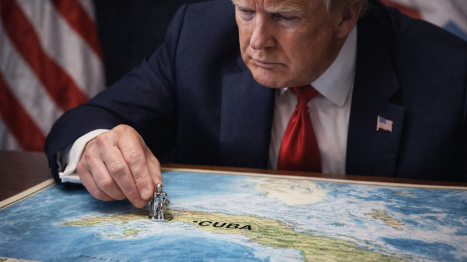 Trump analiza mapa de Cuba colocando figura tipo Monopoly en contexto de política hacia la isla