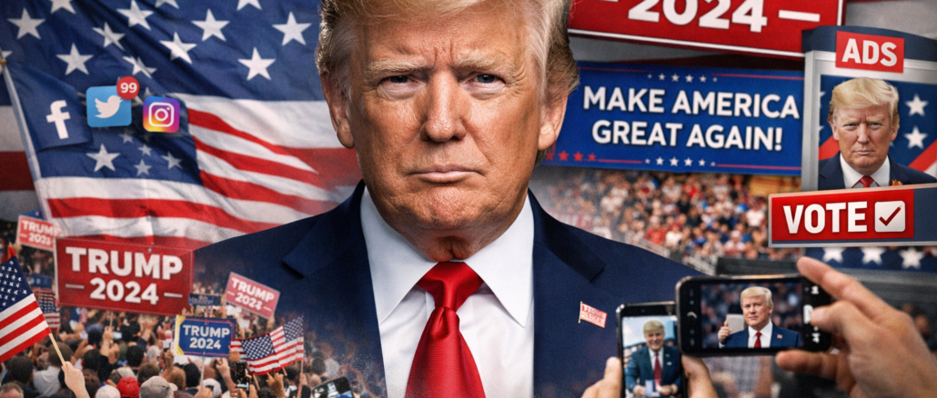 Donald Trump durante su campaña presidencial de 2024 rodeado de símbolos políticos y redes sociales que representan su estrategia de marketing político y marca personal.