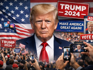 Donald Trump durante su campaña presidencial de 2024 rodeado de símbolos políticos y redes sociales que representan su estrategia de marketing político y marca personal.