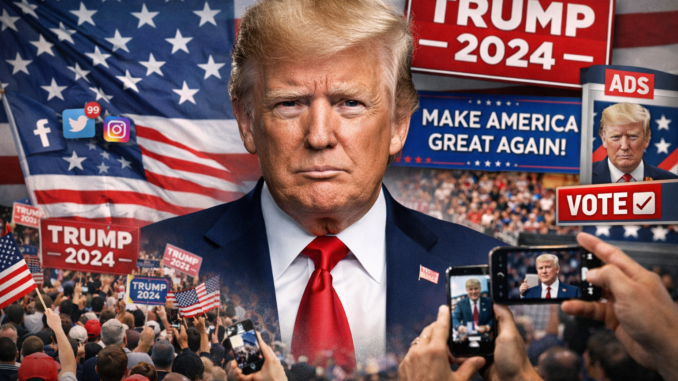 Donald Trump durante su campaña presidencial de 2024 rodeado de símbolos políticos y redes sociales que representan su estrategia de marketing político y marca personal.