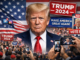 Donald Trump durante su campaña presidencial de 2024 rodeado de símbolos políticos y redes sociales que representan su estrategia de marketing político y marca personal.