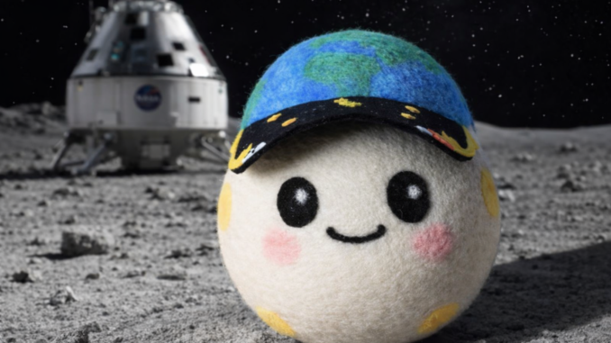 Peluche Rise en la superficie lunar durante la misión Artemis II con la cápsula Orion de la NASA al fondo