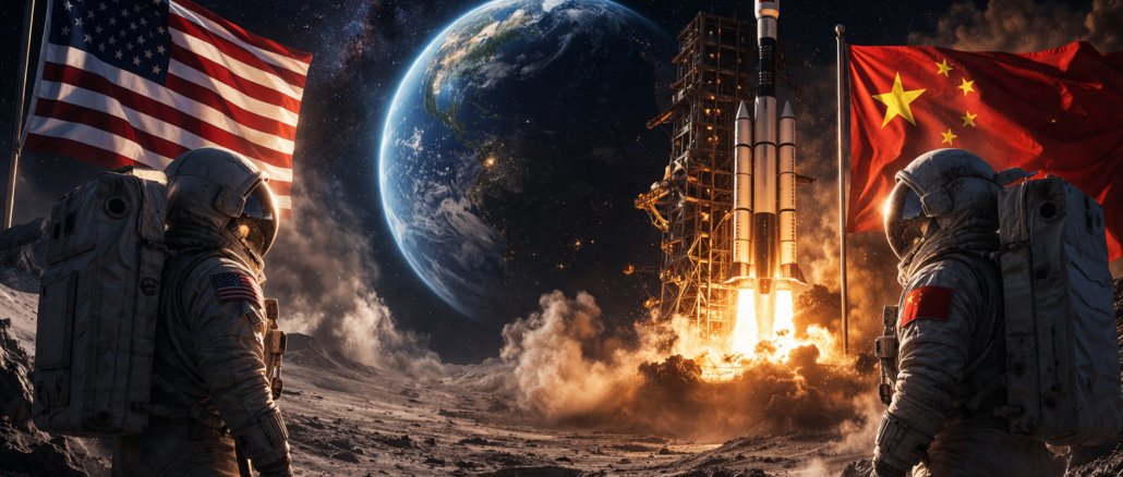 Artemis vs China en la carrera lunar con astronautas y lanzamiento de cohete en la Luna