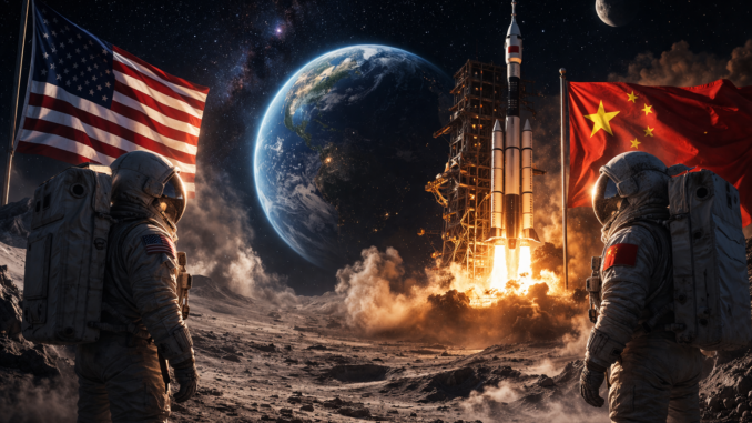 Artemis vs China en la carrera lunar con astronautas y lanzamiento de cohete en la Luna
