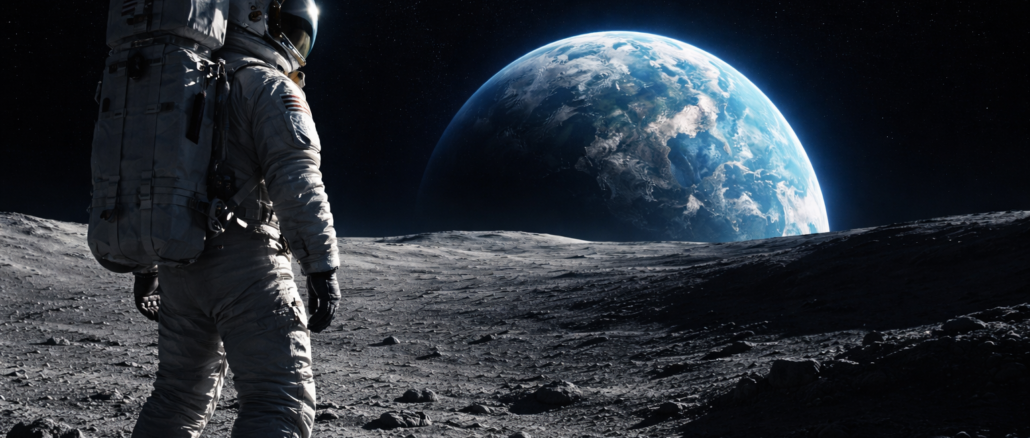 astronauta en la Luna observando la Tierra en el horizonte misión Artemis NASA