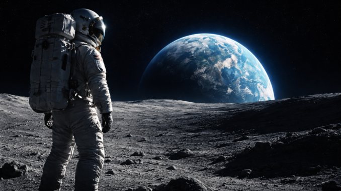 astronauta en la Luna observando la Tierra en el horizonte misión Artemis NASA