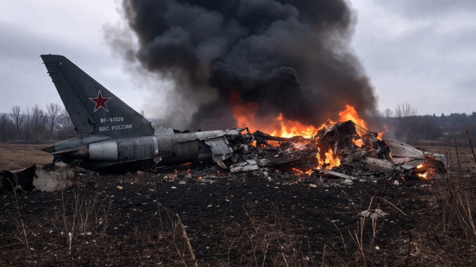 Avión militar ruso destruido tras estrellarse en Crimea con incendio y humo en la zona del impacto