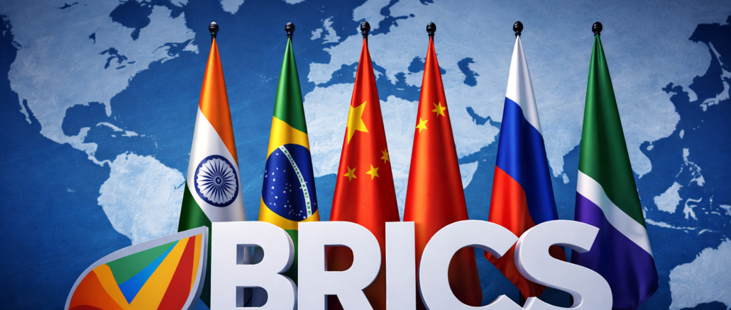 BRICS y Medio Oriente en el contexto del nuevo orden global con mapa mundial y banderas