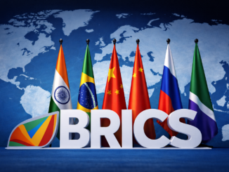 BRICS y Medio Oriente en el contexto del nuevo orden global con mapa mundial y banderas