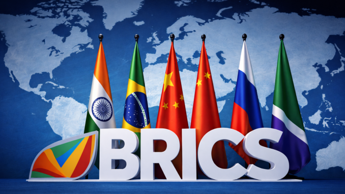 BRICS y Medio Oriente en el contexto del nuevo orden global con mapa mundial y banderas
